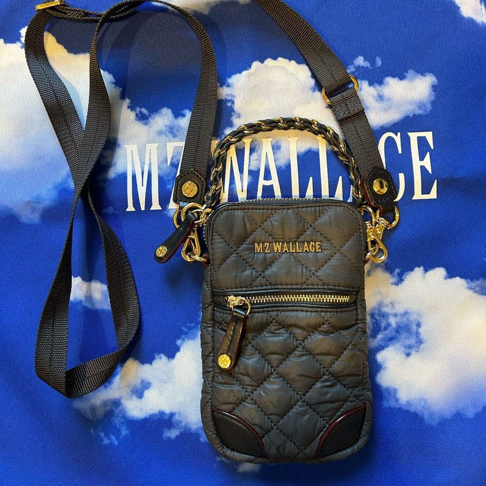 MZ Wallace Quilted Micro Tribeca in Gray with Gold Accents